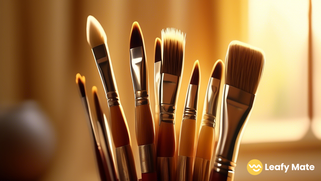 Close-up of artist's paintbrushes illuminated by golden sunlight streaming through a window, showcasing the vibrant intersection of art and cannabis.