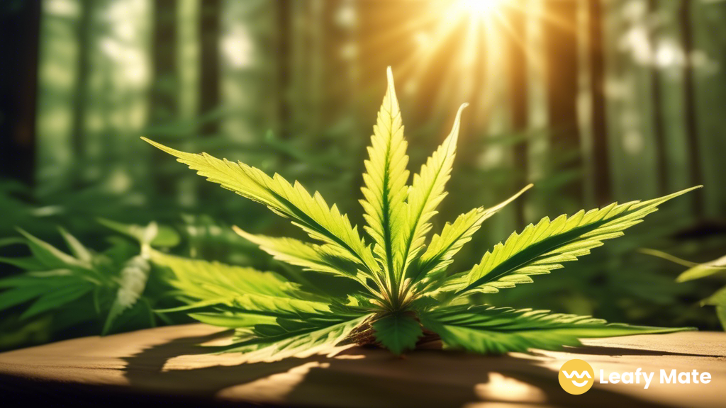 Discover the spiritual connection to cannabis in this serene outdoor setting: A sunlit clearing in a lush forest, where a vibrant cannabis plant basks in golden sunlight, inviting contemplation and reflection.