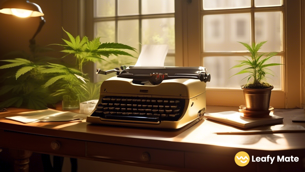 Enhancing Creativity: A serene workspace bathed in warm sunlight, showcasing a typewriter and a well-worn notebook. A faint plume of cannabis smoke adds an alluring touch to inspire writers.