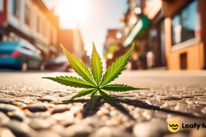 Scenic urban street with a cannabis dispensary in the background, reflecting a peaceful and crime-free environment in bright natural light