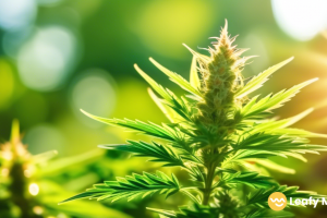 Close-up photo of a sunlight-drenched cannabis plant in a legal outdoor garden, showcasing vibrant green leaves and intricate trichomes shimmering in the sunlight