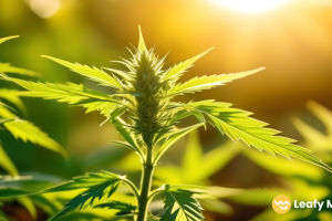 A close-up photo of a vibrant cannabis plant illuminated by golden sunlight, highlighting the lush green leaves and intricate details of the plant.