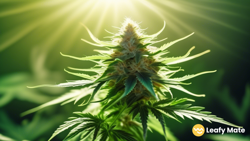 Close-up of a healthy cannabis plant with vibrant green leaves and glistening trichomes, basking in radiant natural light