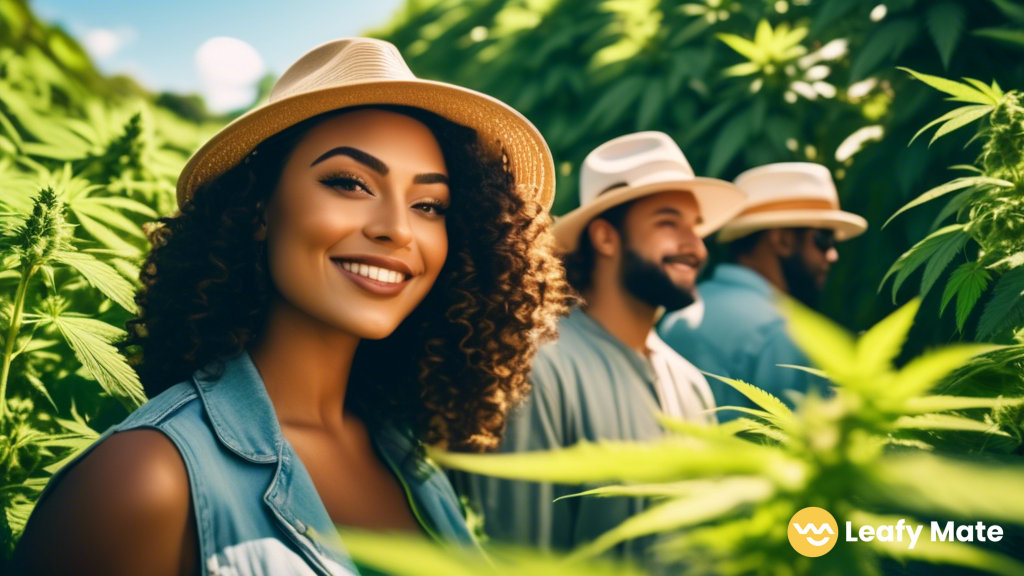 A diverse group of individuals on a guided cannabis tour at a lush farm, surrounded by vibrant green plants under clear blue skies, with the sun casting a warm glow on their faces.