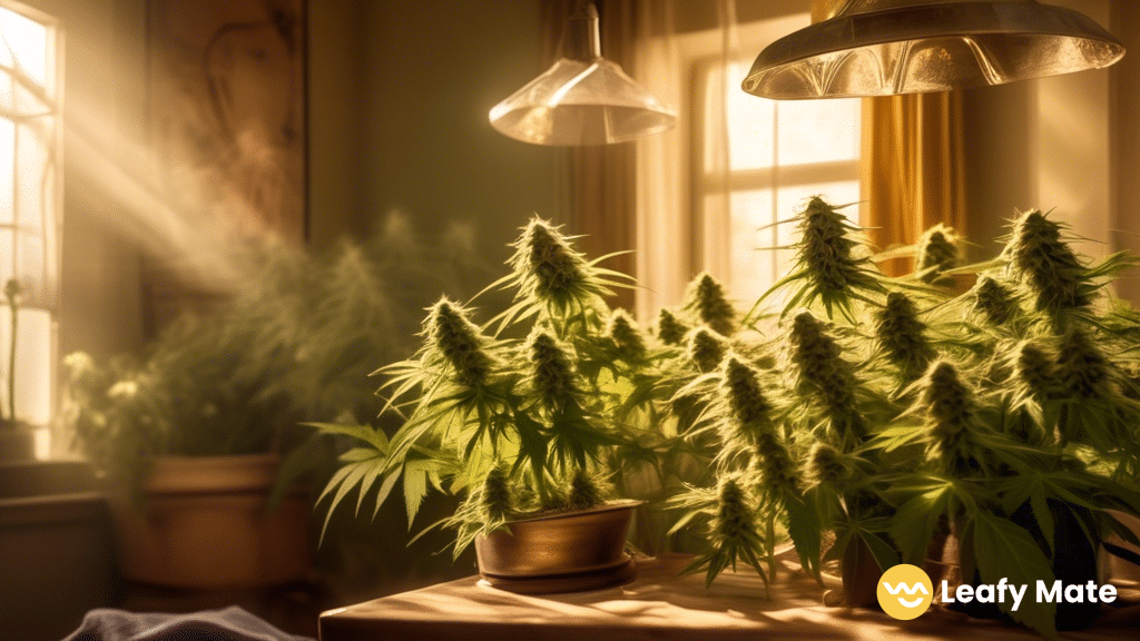 Delightful sun-lit room with a quarter pound of vibrant, aromatic cannabis buds precisely weighed - a visual representation of how many ounces are in a quarter pound.