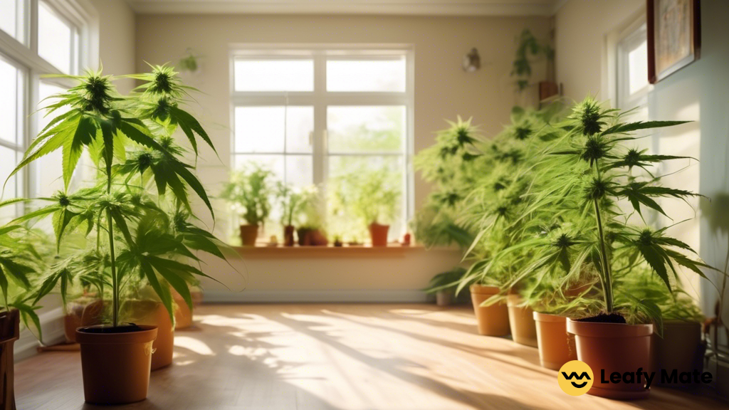 Indoor cannabis plants thriving under effective pest control strategies in a well-lit room with ample natural light.