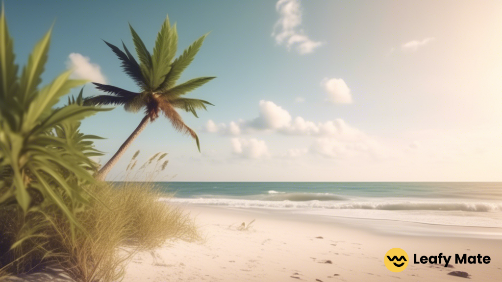 Serene beach scene in Florida illuminated by vibrant sunlight, subtly alluding to the topic of marijuana legalization in the state