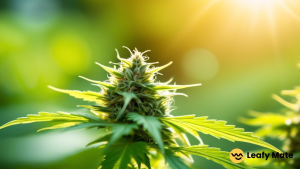 Close-up shot of a vibrant low THC cannabis strain with bright green leaves and delicate trichomes glistening in the sun.