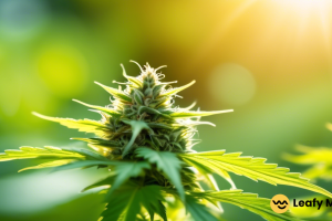 Close-up shot of a vibrant low THC cannabis strain with bright green leaves and delicate trichomes glistening in the sun.