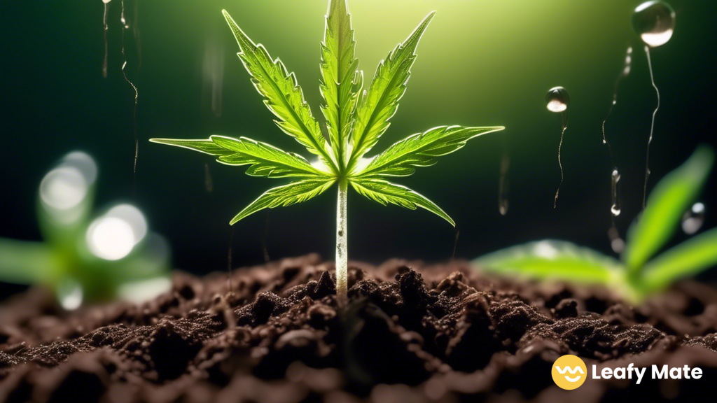 Close-up of a vibrant cannabis seedling emerging from rich soil, illuminated by gentle morning sunlight and adorned with transparent dew droplets, symbolizing successful seed germination.